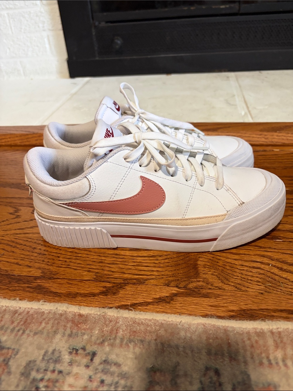 Nike White Low-Top Sneakers with Rose Swoosh platform